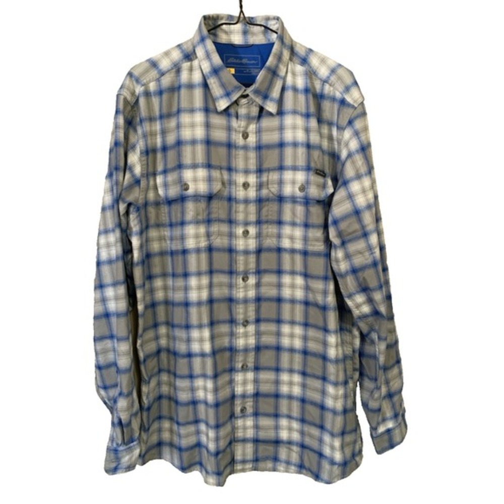 Eddie Bauer Shirt Mens Large‎ Tall Blue Gray Plaid Long Sleeve Button Classic